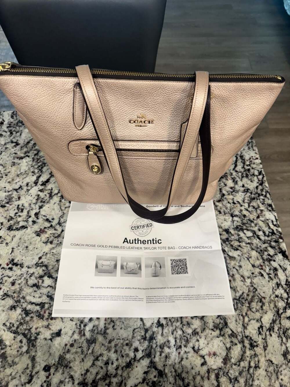 Coach Taylor Rose Gold Pebbled Leather Zip Tote Shoulder Bag Authenticated